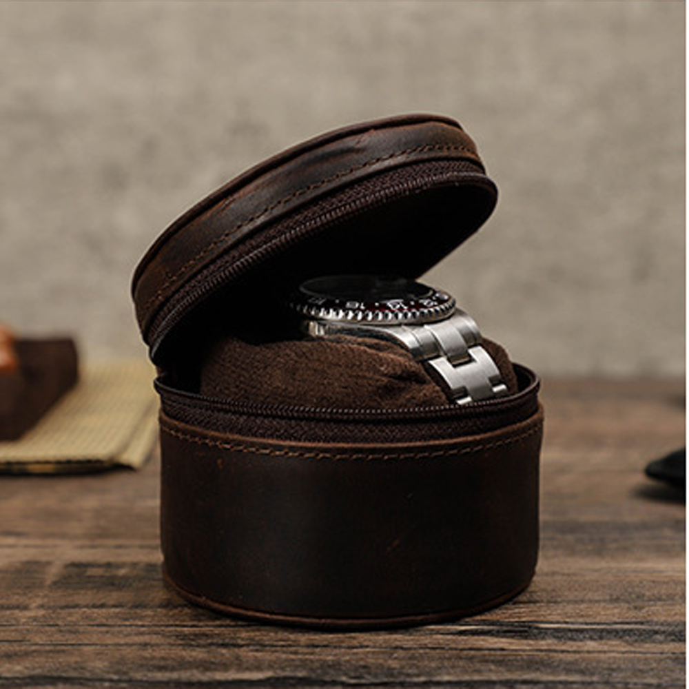 Watch Case Vintage Leather Single Round Zipper Travel Storage Box Coffee