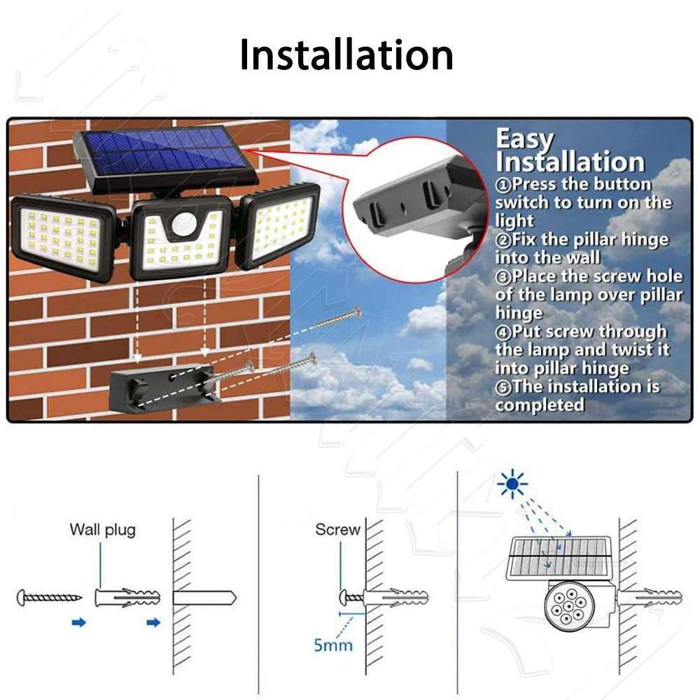 3 Head Solar Motion Sensor Light Outdoor Garden Wall Security Flood Lamp 74LEDs