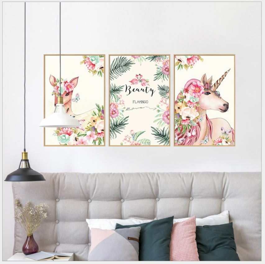 3PCS Wall Sticker Unicorn Flowers Art Vinyl Wall Decals Home Room Decor