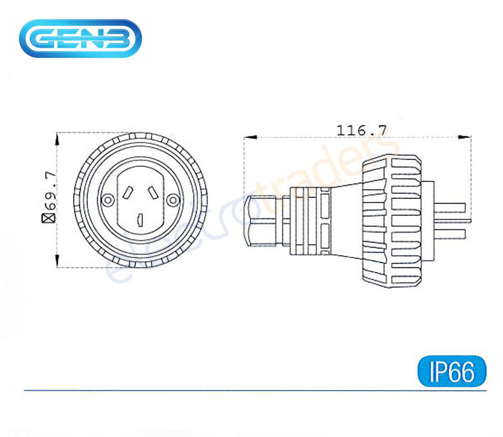 GEN3 PL1PH10 10A 3 Pin Flat Industrial Electrical Extension Plug