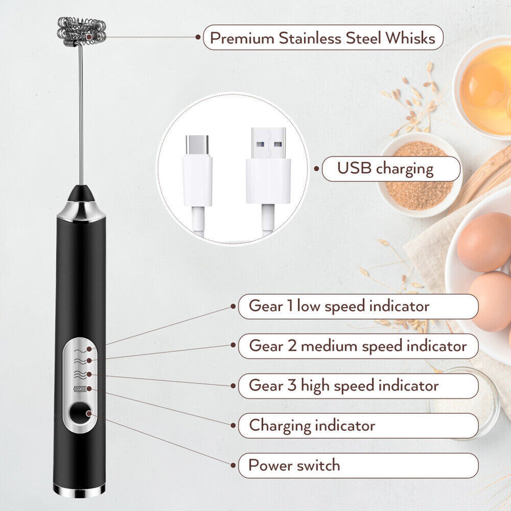 Handheld Milk Frother Electric Whisk USB Rechargeable Foam Maker 3 Speed Levels