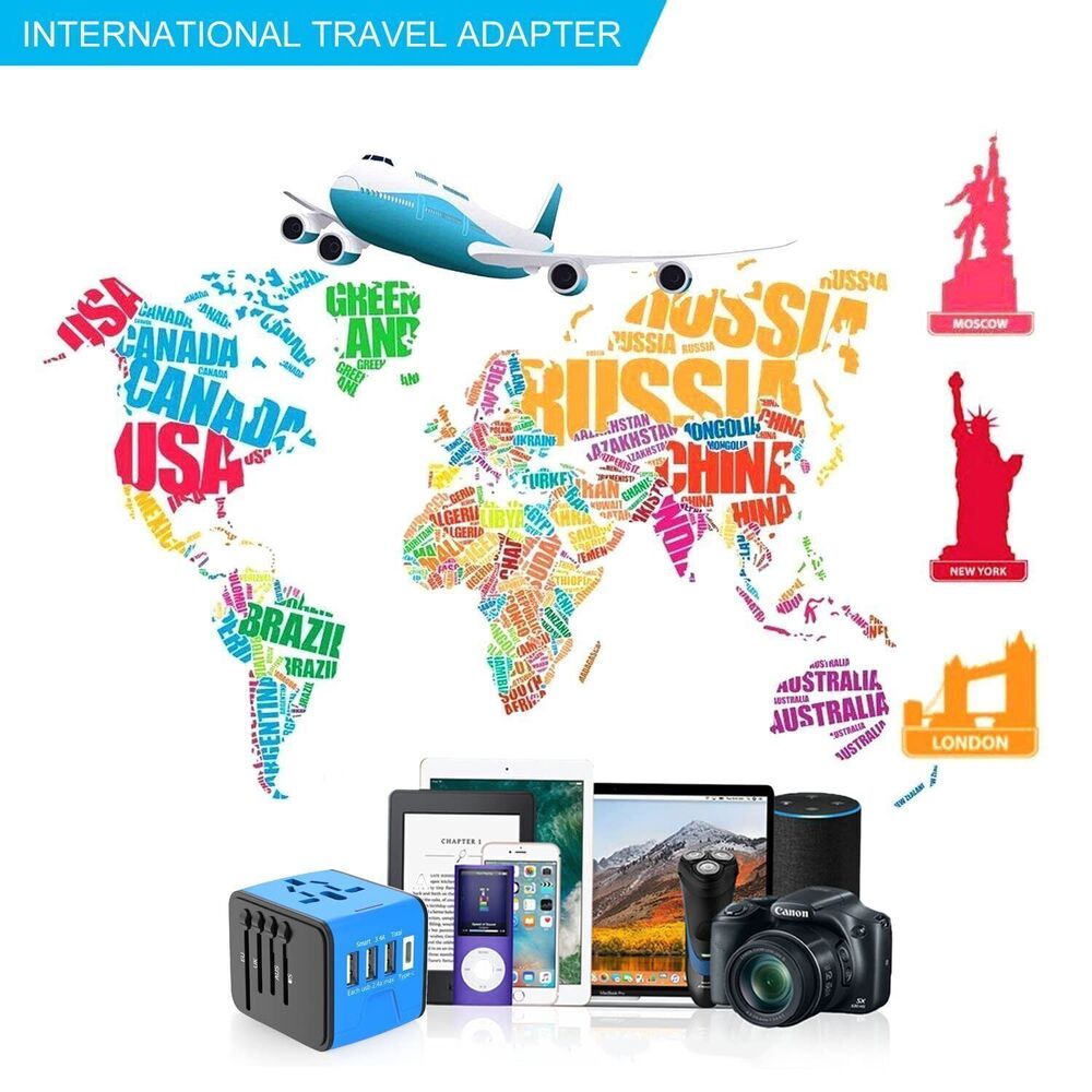 Universal International Travel Adapter 3 USB +Type-C Outlet Converter Plug Power