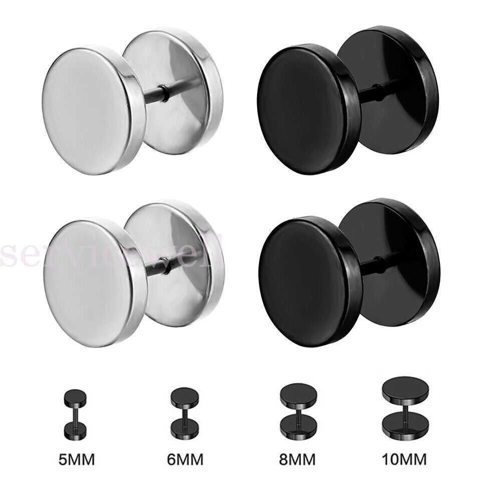 Men Earring Studs Black Flat Round Barbell Mens Earrings Plug Stainless Steel