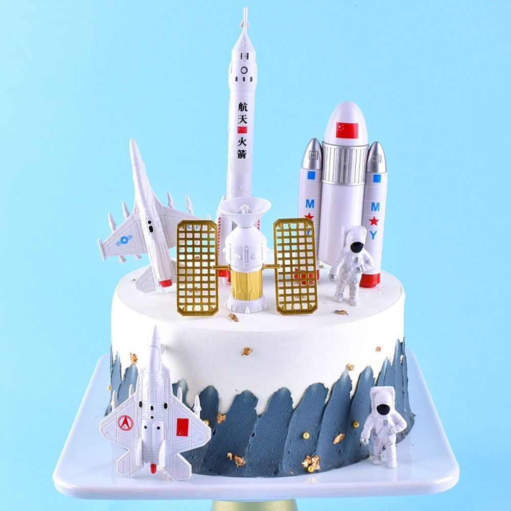 3pcs Party Decoration Space Shuttle Cake Toppers Astronaut Figurine Miniature Rocket