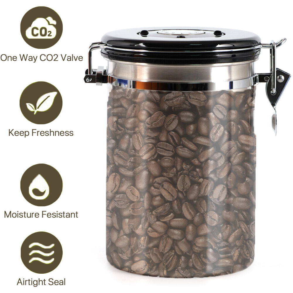 1.8L Coffee Canister Airtight Stainless Steel with Co2 Valve Date Tracker Spoon