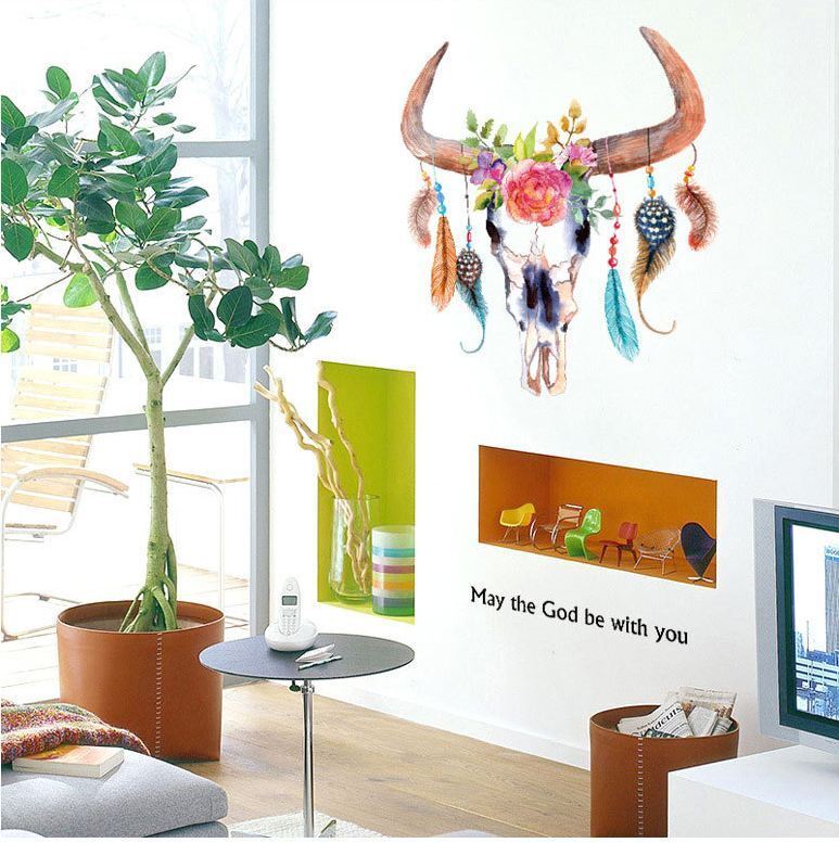 Wall Stickers Removable Cow Ox Horn Head Feather Living Room Decal Art Decor Kid