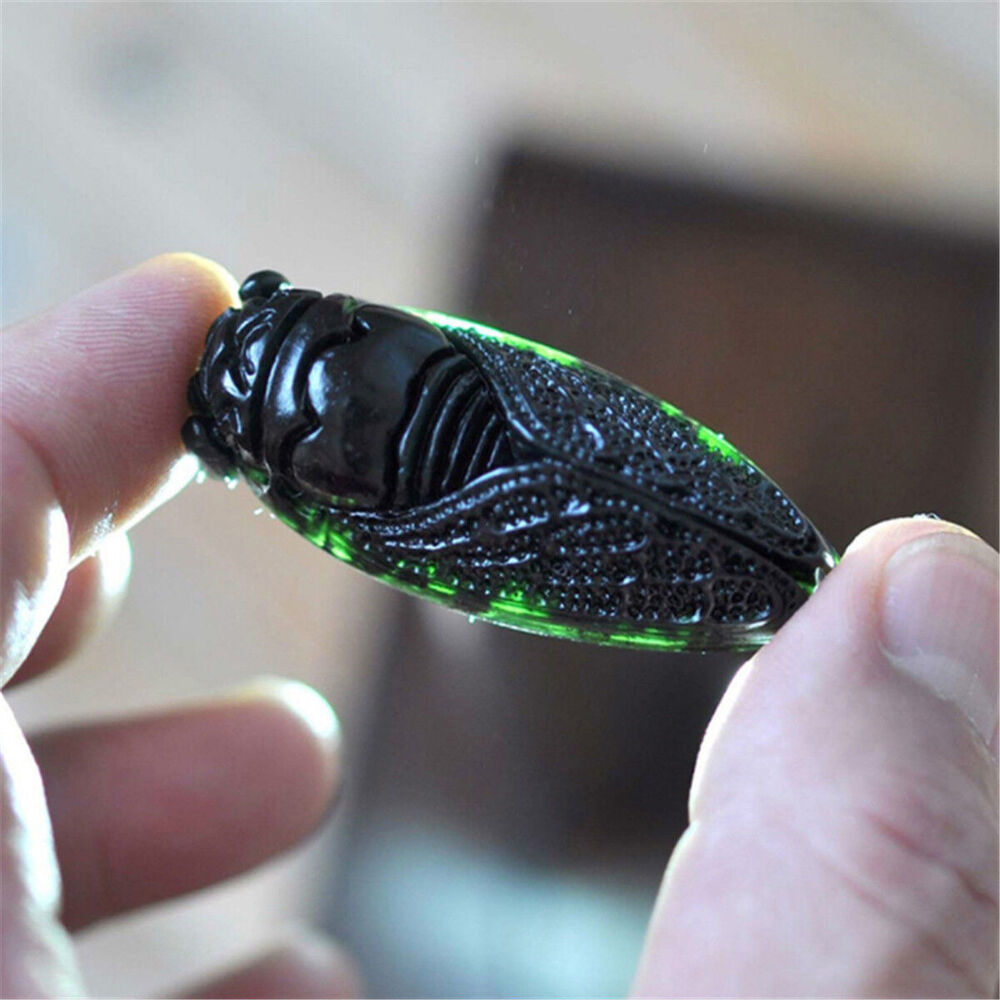 Natural Obsidian Green Jade Hand Carved Cicada Good Luck Charm Jewelry Pendant