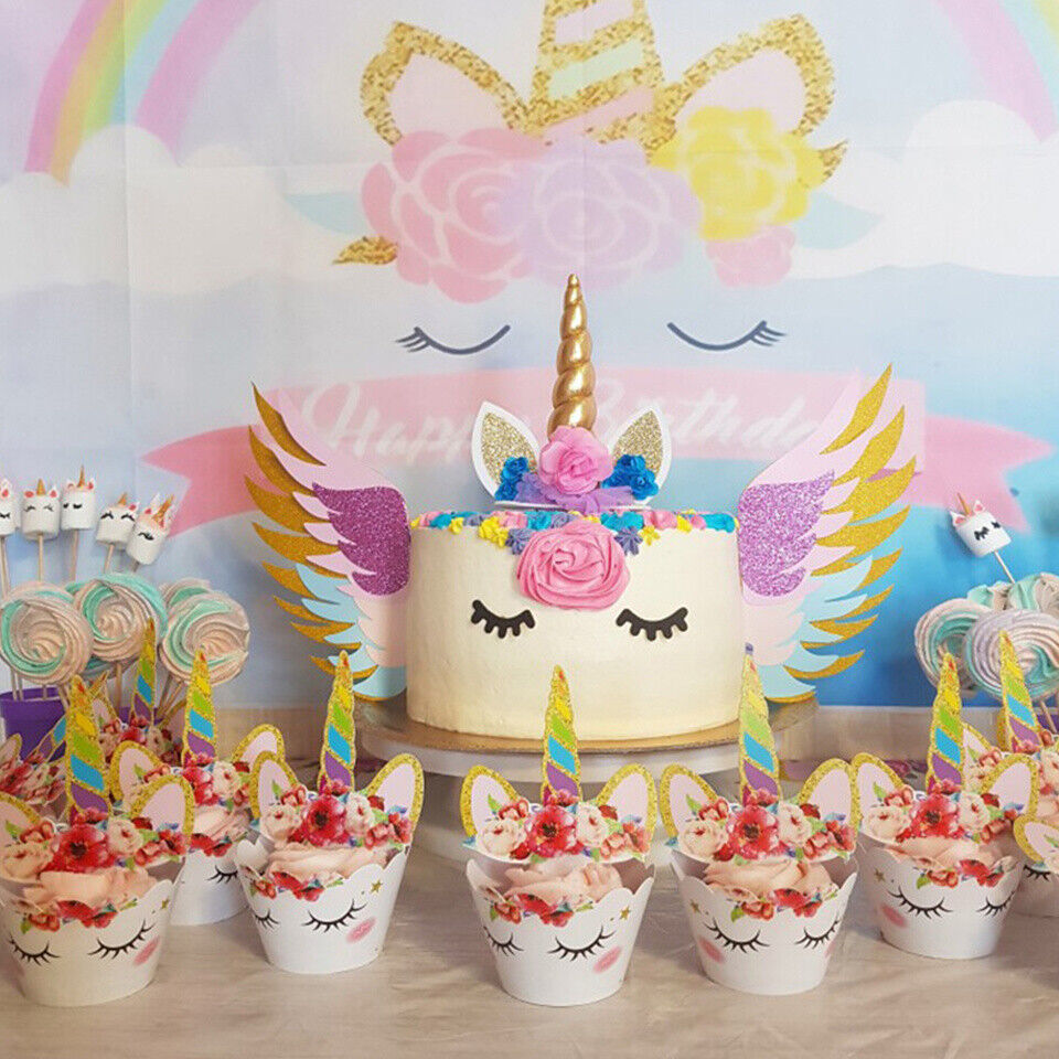 48pcs Unicorn Cupcake Toppers Wrappers Birthday Party Cake Decorations Kids