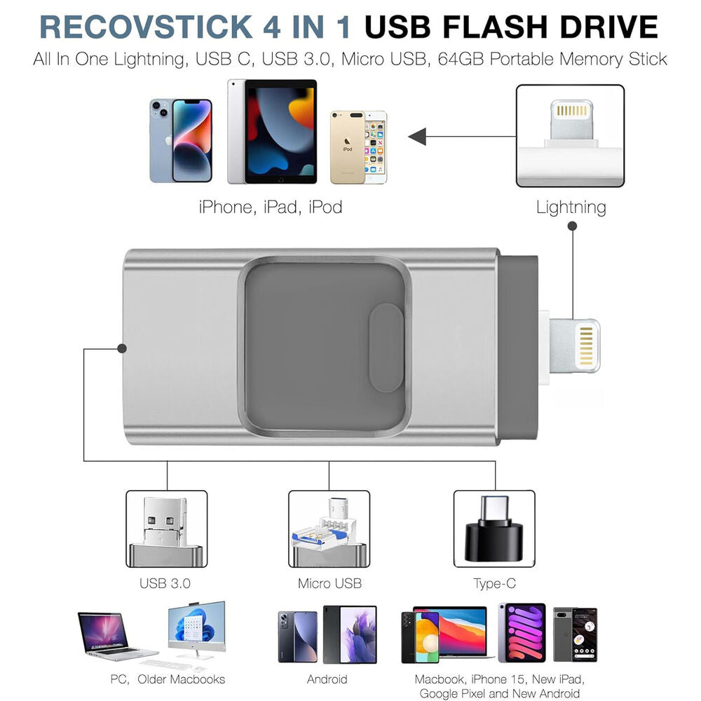 4 in 1 2TB USB 3.0 Flash Drive Memory Photo Stick for iPhone Android iPad Type C