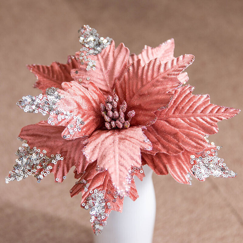 10PCS Christmas Poinsettia Glitter Flower Tree Hanging Party Xmas Decoration