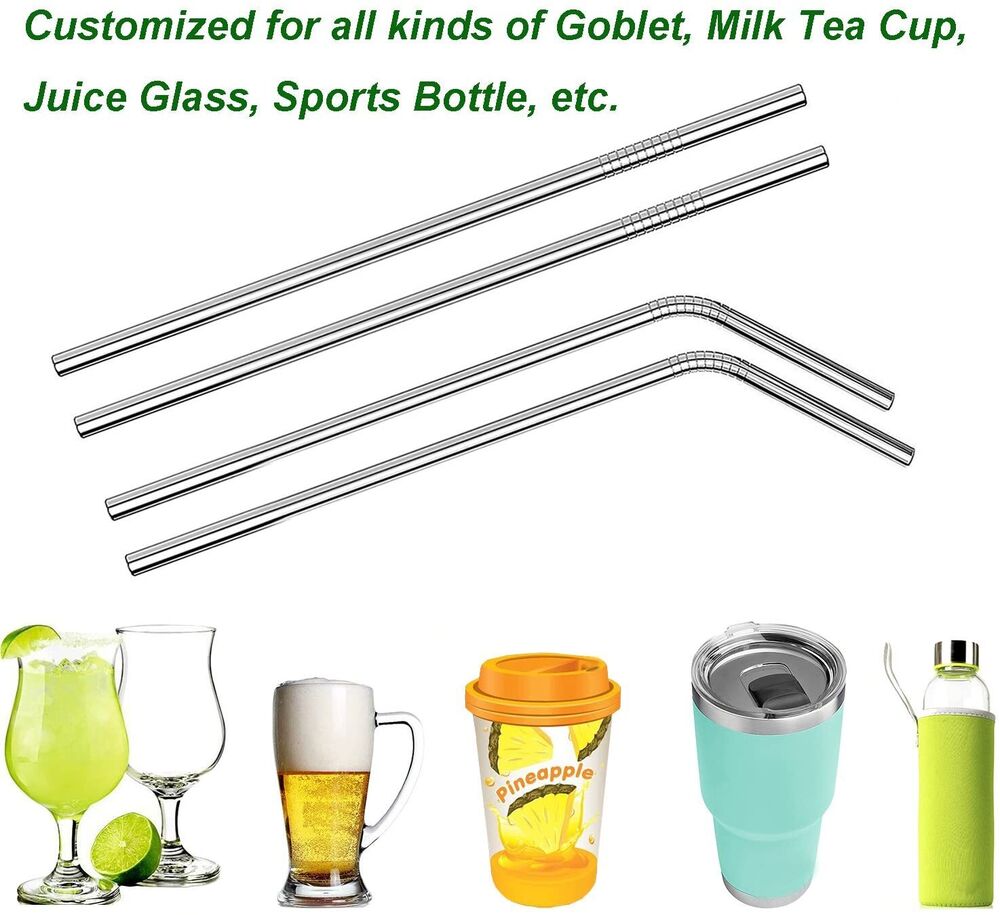 10pcs Metal Straws Stainless Steel Drinking Straw Straight Bent Brush Reusable