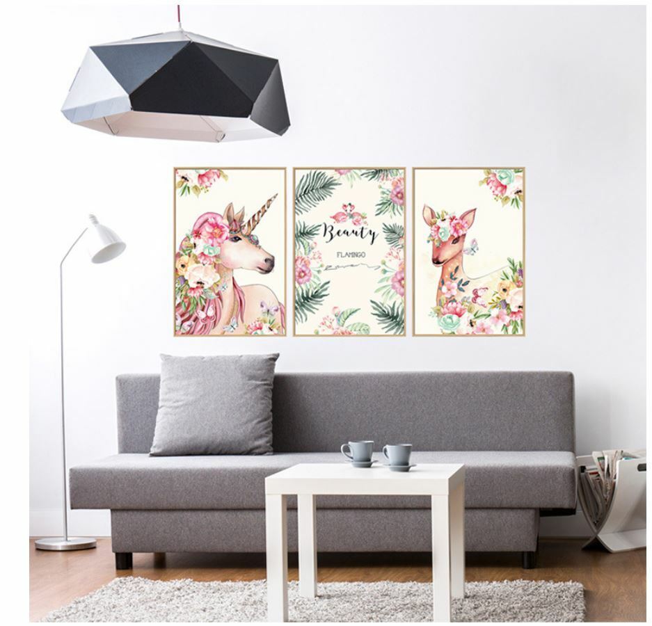 3PCS Wall Sticker Unicorn Flowers Art Vinyl Wall Decals Home Room Decor