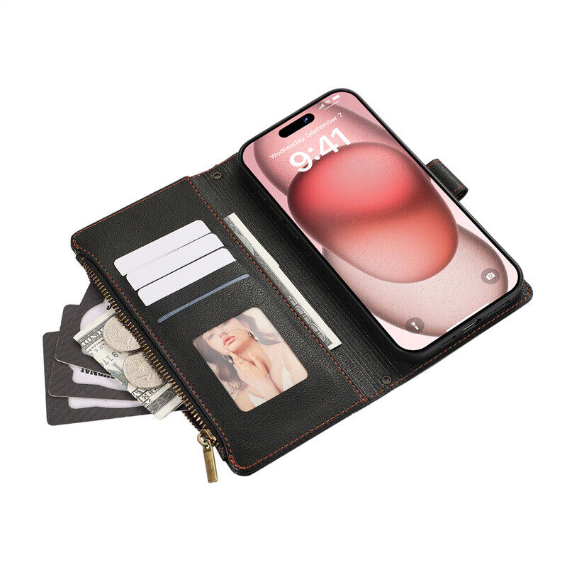 Zipper Wallet Flip Cover Case For iPhone 15 14 13 12 11 Pro XR XS Max 6 7 8 Plus