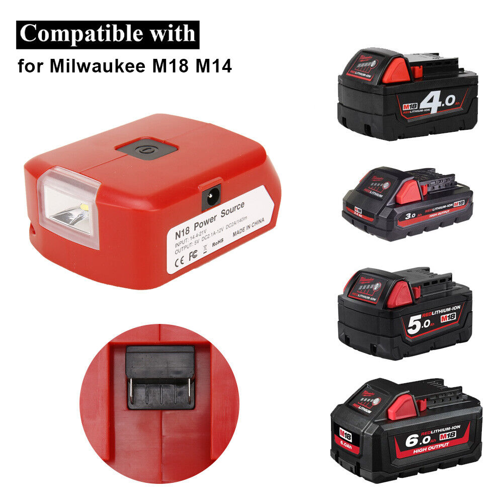 USB Charger Battery Adapter Led Light 18V-20V Power Source For Milwaukee M18