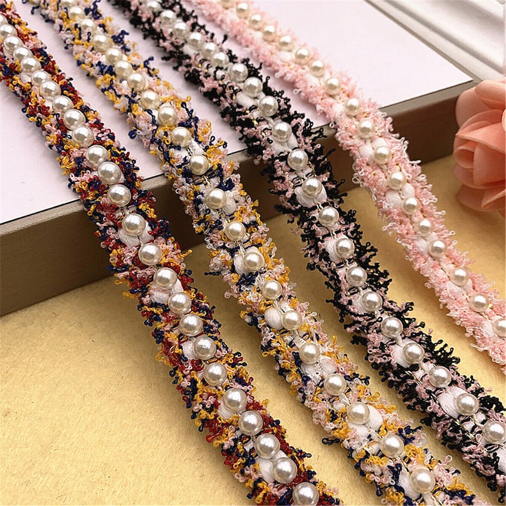 1 Yard Pearl Beaded Embroidered Lace Ribbon Trim DIY Handmade Dress Sewing Craft