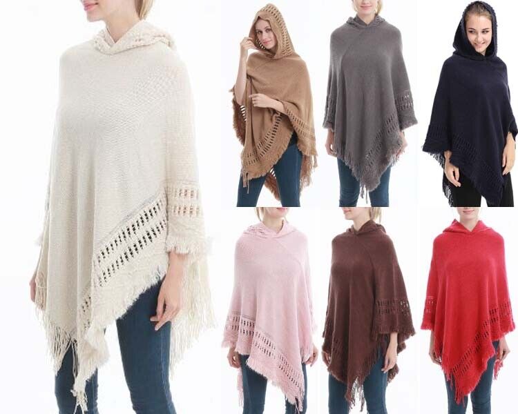 KNITTED PONCHO SWEATER HOOD CLOAK CAPE JUMPER HEM TOP COAT SHAWL SC038