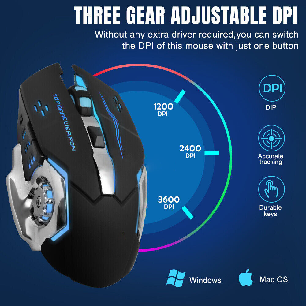 Wireless Gaming Mouse Ergonomic Optical Backlit Recharge PC Laptop Desktop