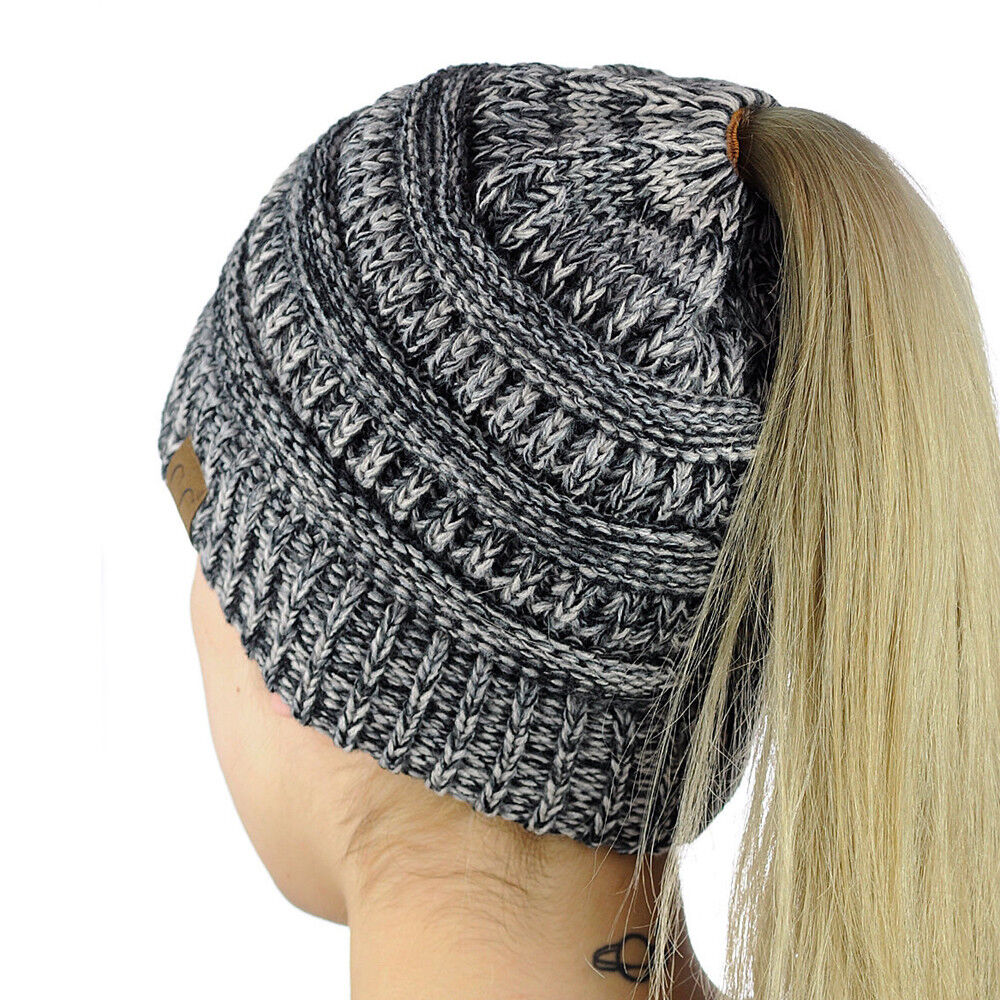 Women Girls Ponytail Beanie Winter Soft Stretch Cable Knit Crochet High Bun Hat