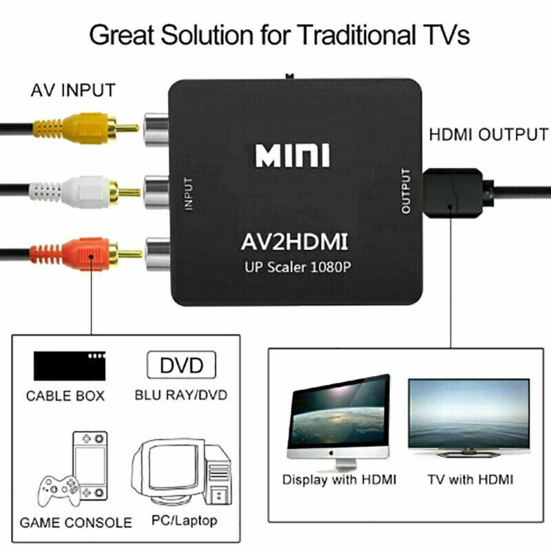 Composite AV CVBS 3RCA to HDMI Video Cable Converter 1080p Upscaling Black