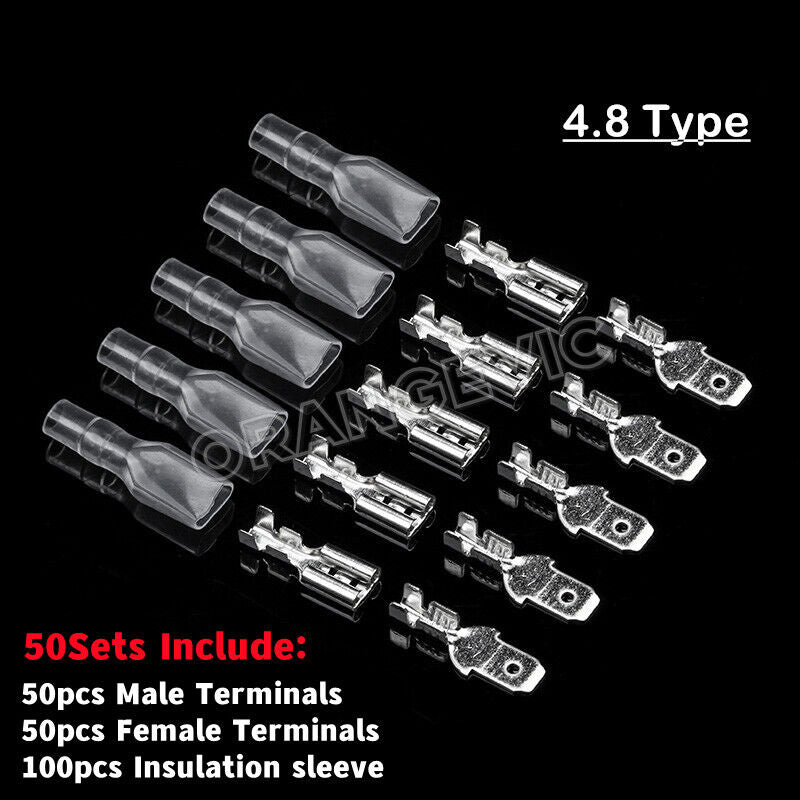 50Set 2.8/4.8/6.3mm Spade Male Female Terminals Electrical Wire Crimp Connectors