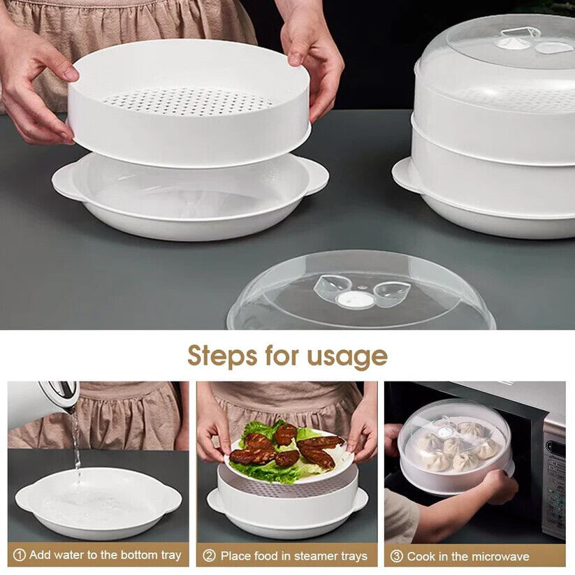 Microwave Steamer 2 TIER Double layer Cooking Meals Vegetables Kitchen Appliance