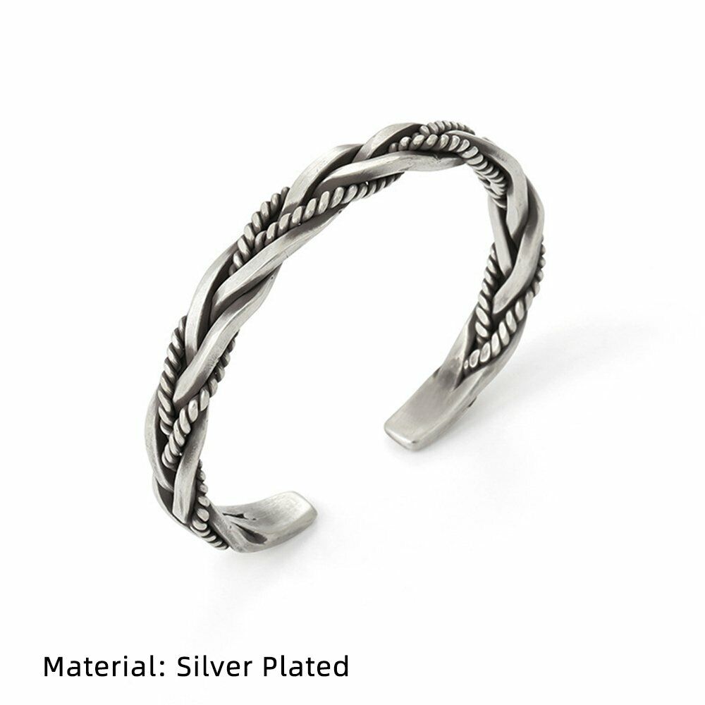 Mens Vintage Open Bangle Silver Thai Handmade Twisted Cuff Bracelet