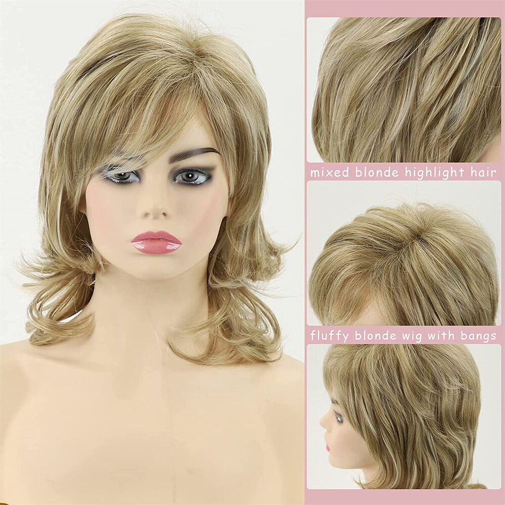 Women's Short Mixed Blonde Curly Wig With Bangs Natural Wave Wig Daily Use