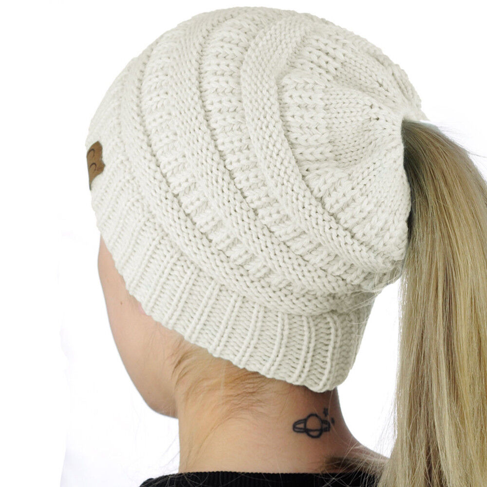 Women Girls Ponytail Beanie Winter Soft Stretch Cable Knit Crochet High Bun Hat