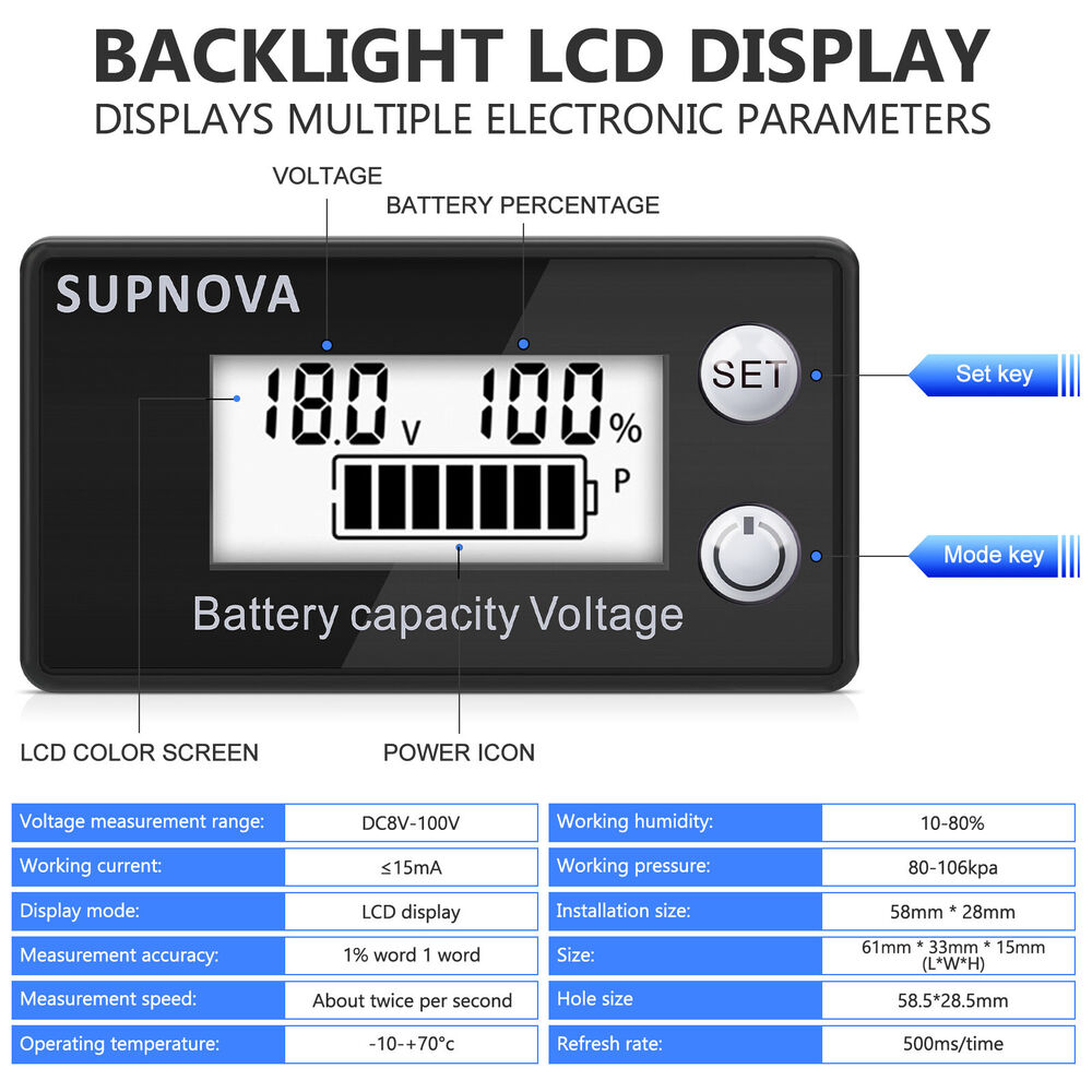 Battery Capacity Indicator Monitor Voltmeter Lithium Voltage Meter Tester Gauge