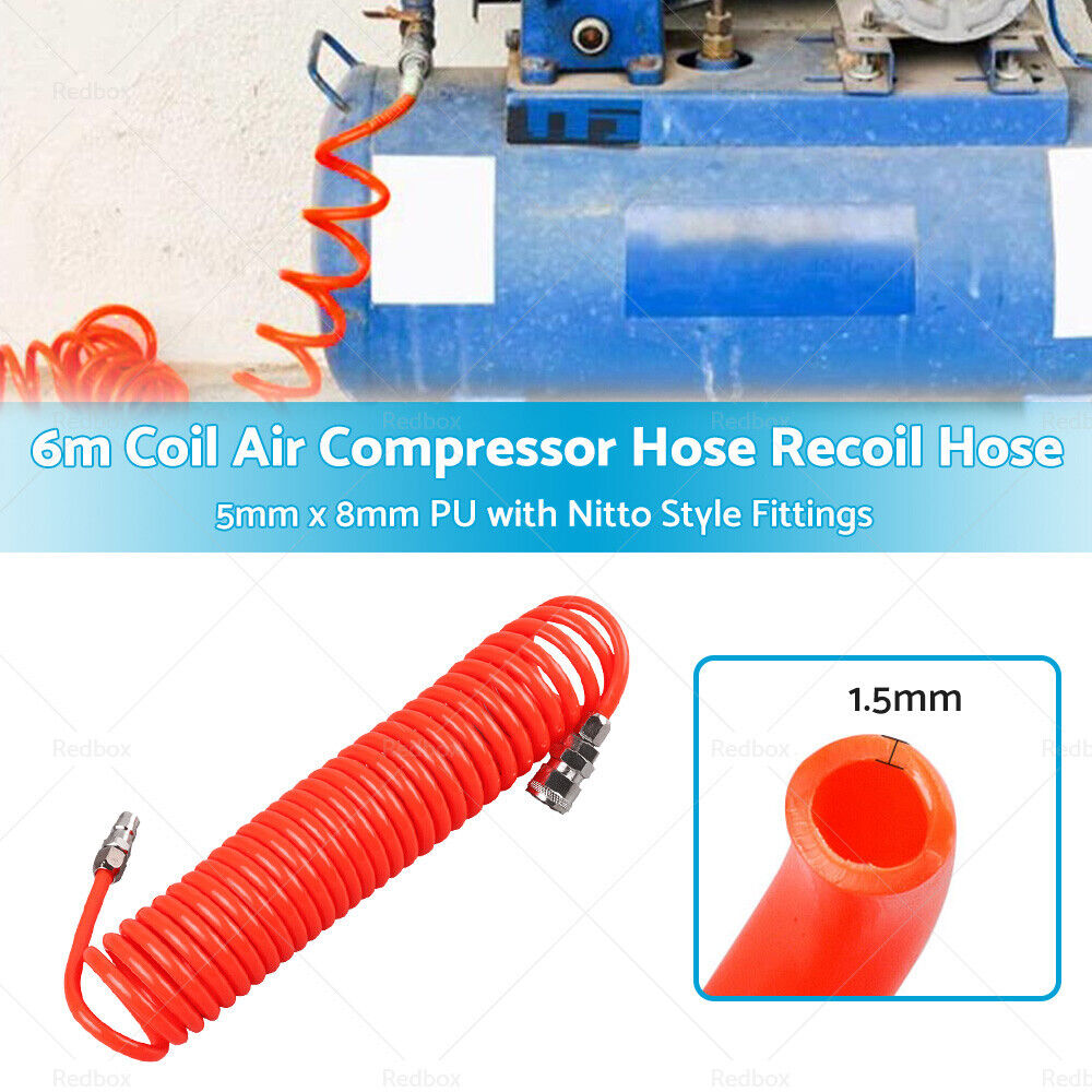 6m Coil Air Compressor Hose Recoil Hose 5mm x 8mm PU with Nitto Style Fittings