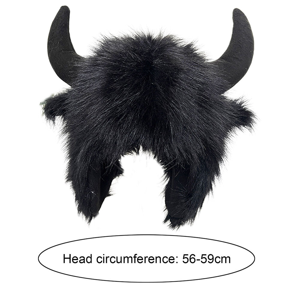 Winter Funny Hat Fake Cow Horn Decor Warm Ear Protection Windproof Cap