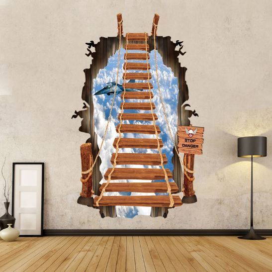 3D Wall Stickers Removable Ladder Staircase Smashed Through Mural Decor Home