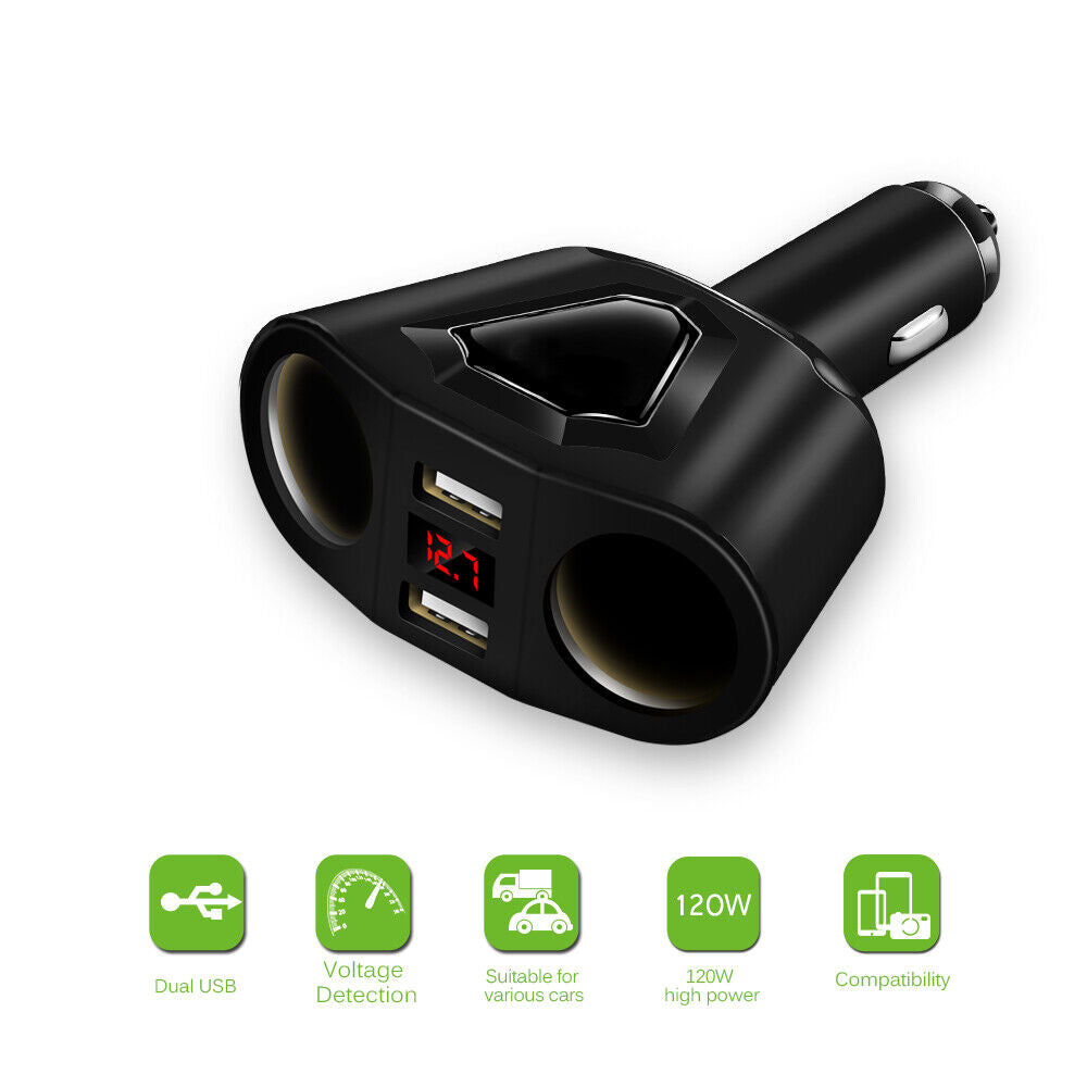 LCD Car Dual USB Charger Cigarette Lighter Socket Splitter 12-24V Power Adapter