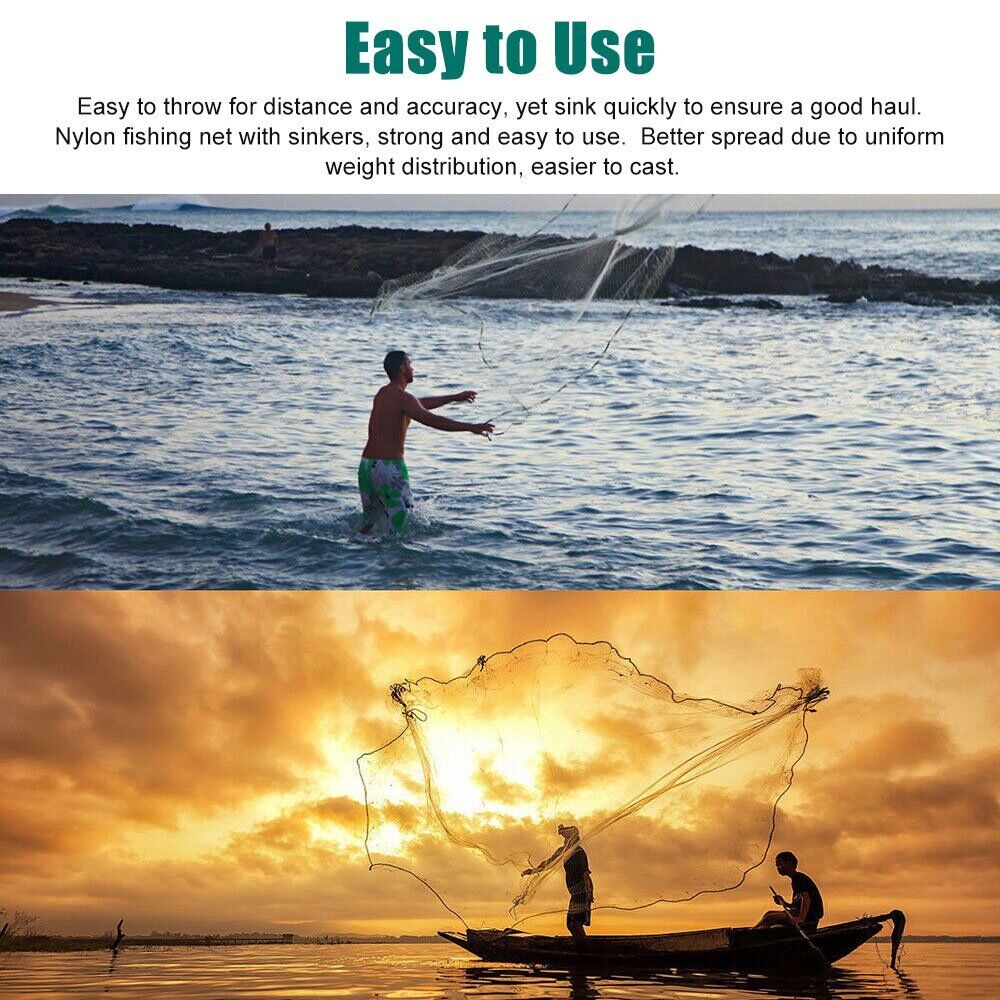 Saltwater Fishing Cast Net for Bait Trap Fish 8ft-16ft Easy Throw Hand Mesh Net