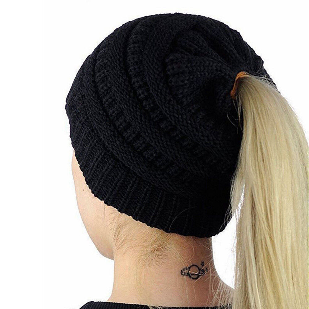 Women Girls Ponytail Beanie Winter Soft Stretch Cable Knit Crochet High Bun Hat