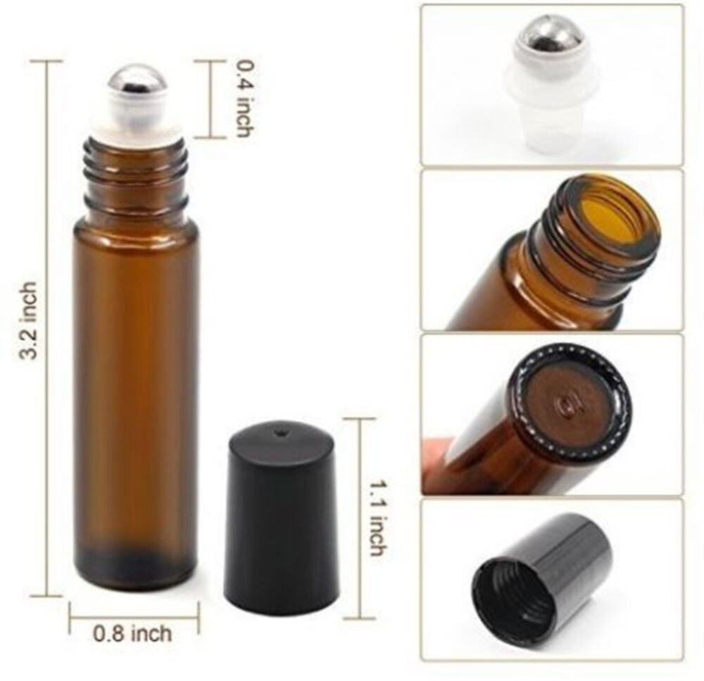 5x10ml Roll on Glass Essential Oil Perfume Roller Ball Amber Bottle with Cap