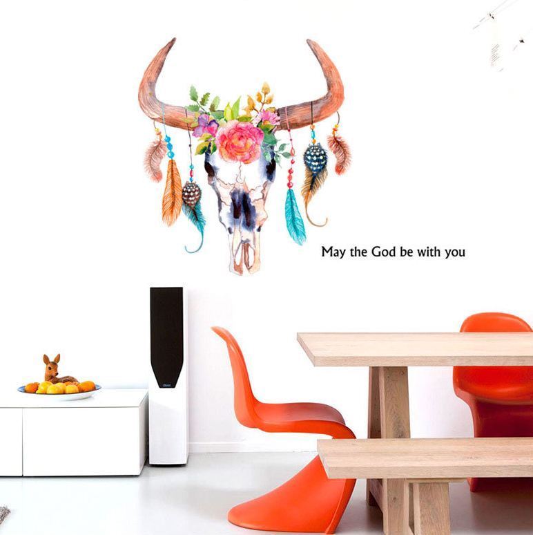 Wall Stickers Removable Cow Ox Horn Head Feather Living Room Decal Art Decor Kid