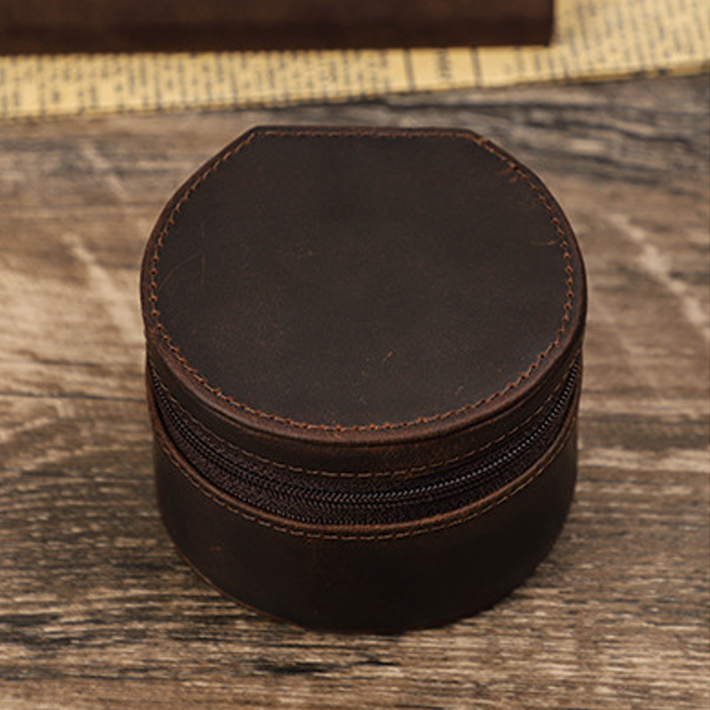 Watch Case Vintage Leather Single Round Zipper Travel Storage Box Coffee