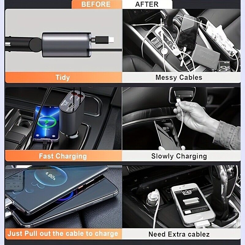 4IN1 120W Retractable Car Charger with Fast USB C PD Cable for Phone Fast Charge