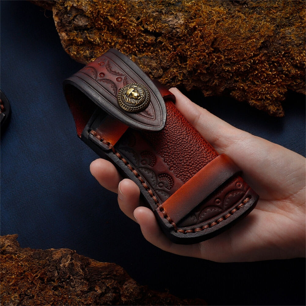 Hand Made Carved Cow Leather Sheath For Folding Knife Cover Pouch Belt Clip