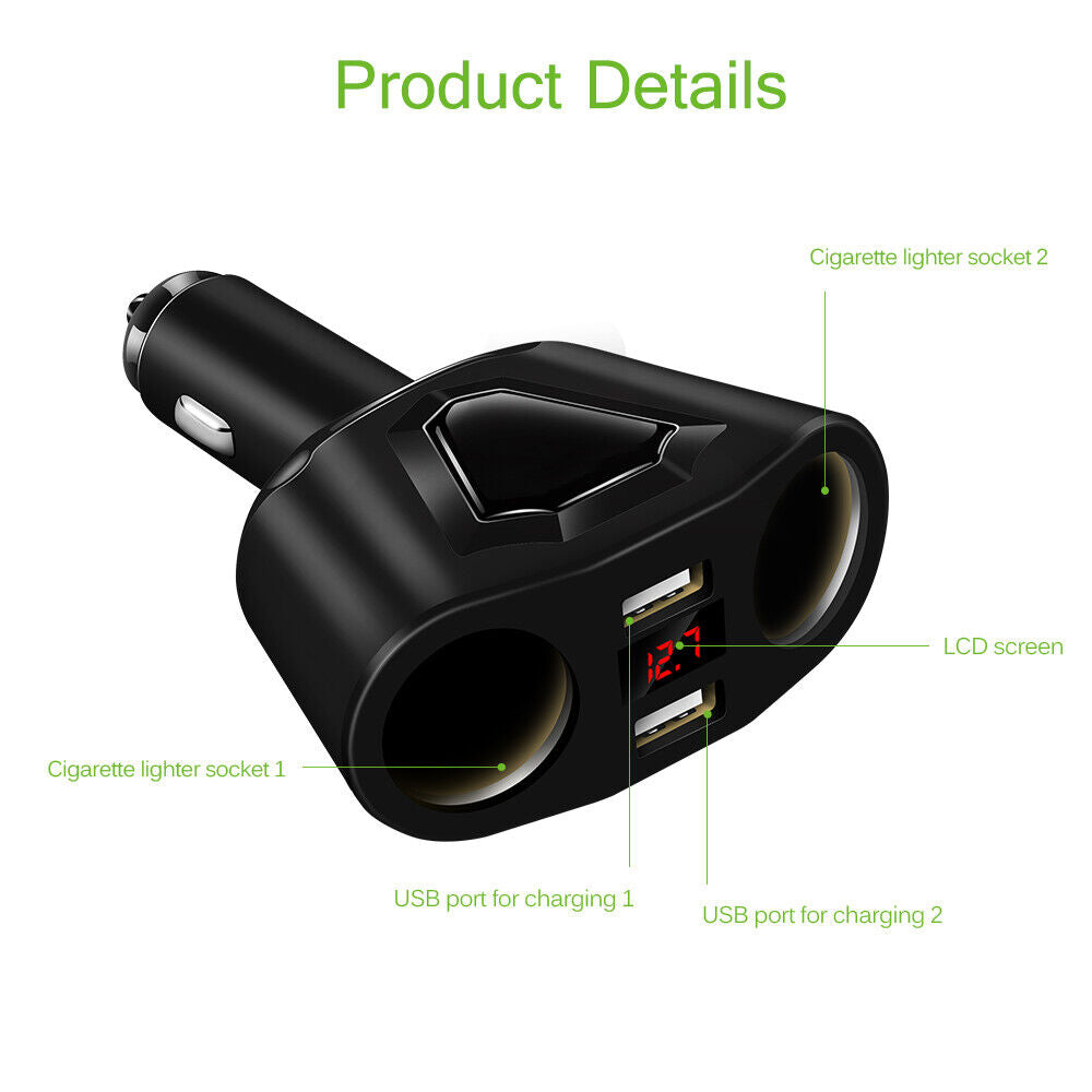 LCD Car Dual USB Charger Cigarette Lighter Socket Splitter 12-24V Power Adapter