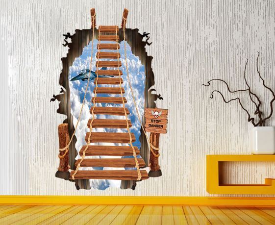 3D Wall Stickers Removable Ladder Staircase Smashed Through Mural Decor Home