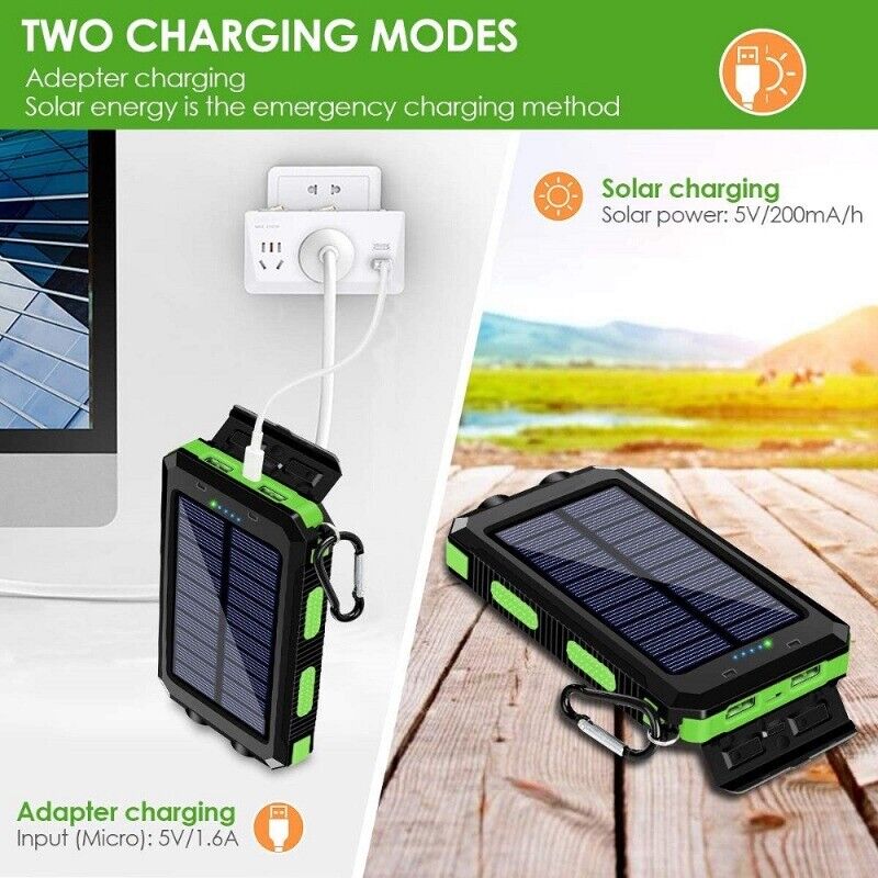 Solar Power Bank 900000mAh Pack Waterproof 2USB LED Battery Charger For Phone