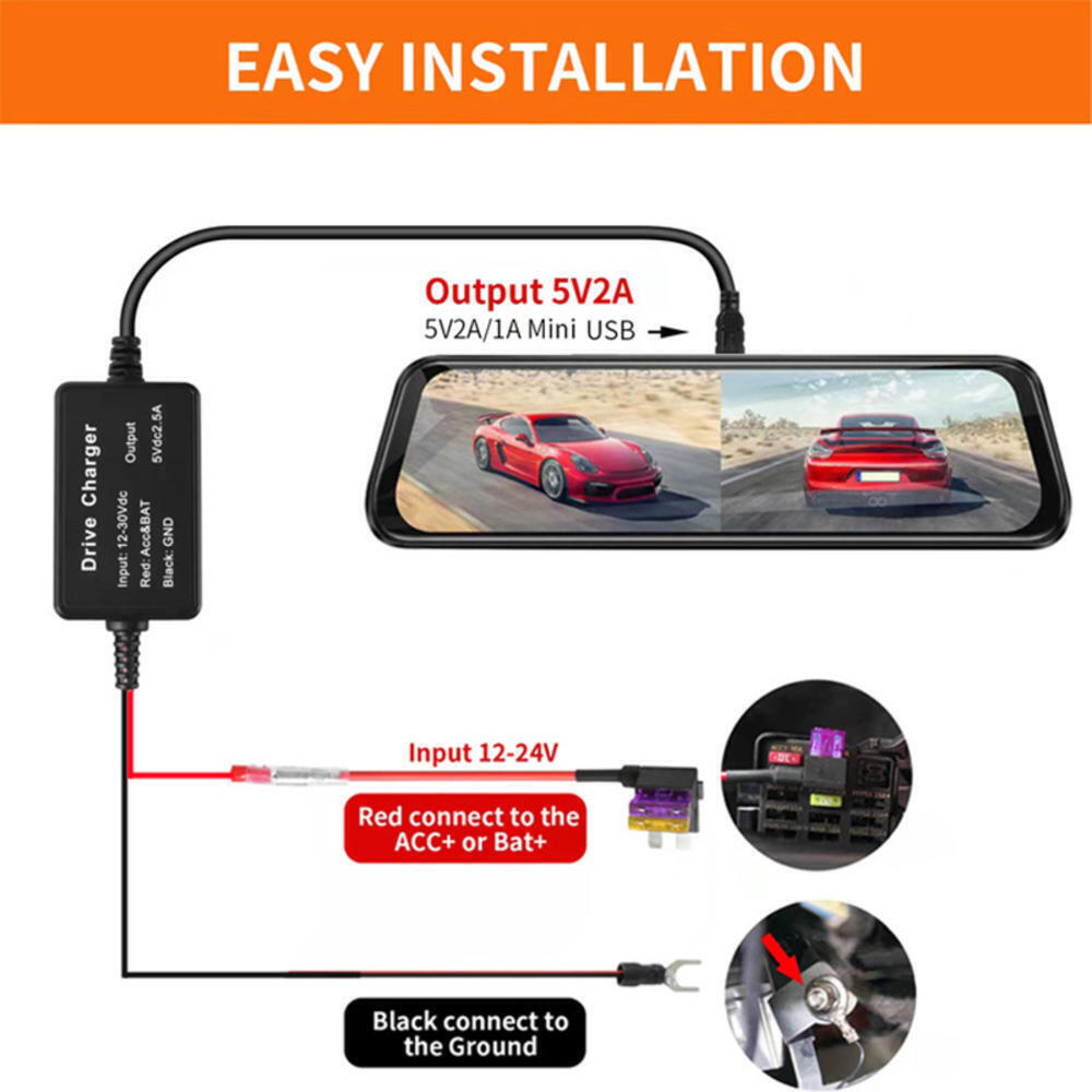 Mini USB Universal Car Dash Cam Recorder Fuse Hard Wire Kit DVR 12-24V To 5V