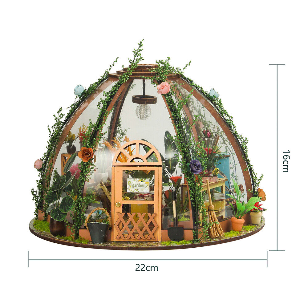 Wooden Mini Starry Flower Green House DIY Miniature Dollhouse Kit with LED Light