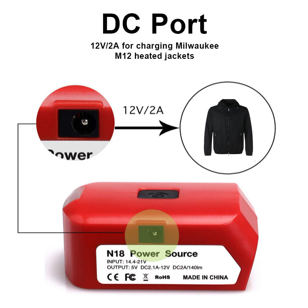 USB Charger Battery Adapter Led Light 18V-20V Power Source For Milwaukee M18