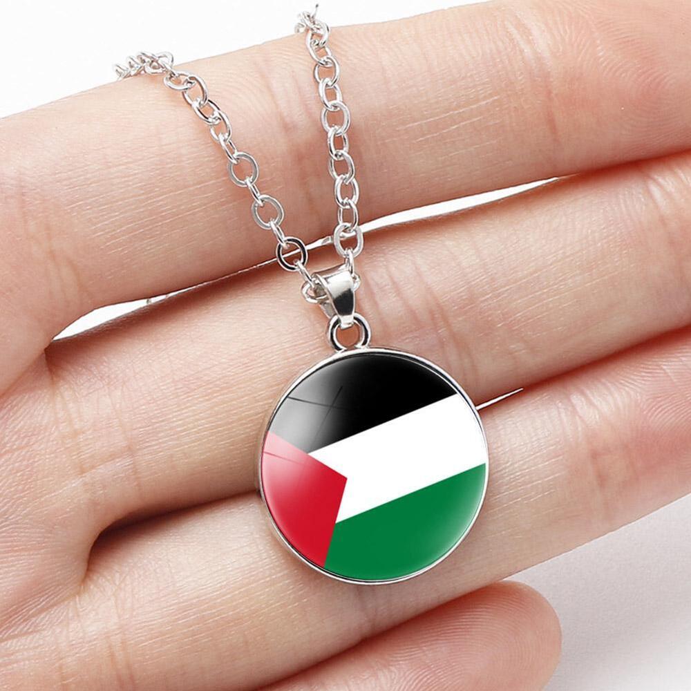 Silver Plated Palestine Flag Map Round Necklace Pendant