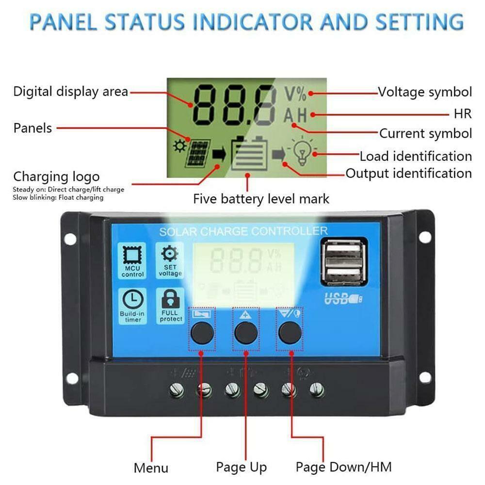 Solar Panel 10A 20A 30A Battery Charge Controller LCD Regulator USB 12V/24V J9D6