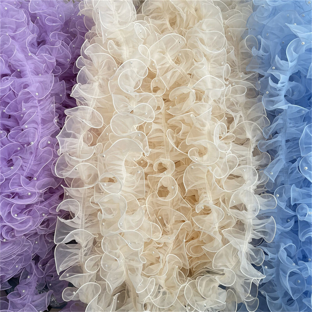 1 Yard Organza Pleats Ruffle Lace Trim Pearl Beaded Ribbon Fabric Sewing Wedding