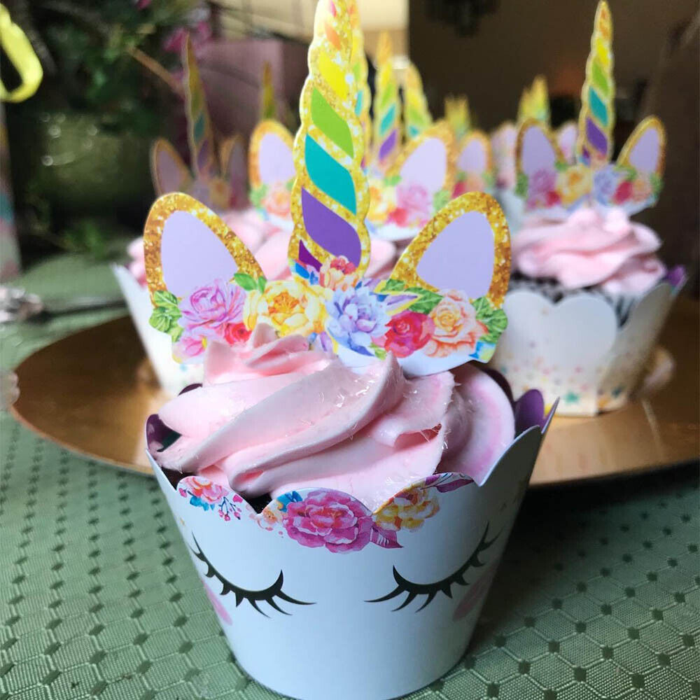 48pcs Unicorn Cupcake Toppers Wrappers Birthday Party Cake Decorations Kids